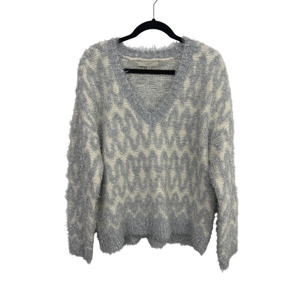 Metallic Eyelash Knit Sweater Womens L Silver Cream Fuzzy Soft Cozy Winter Pullo